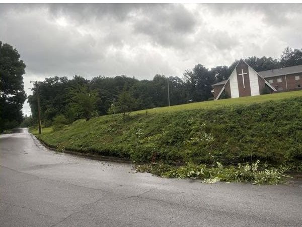 Cleared roadside hillside below a church after cleanup