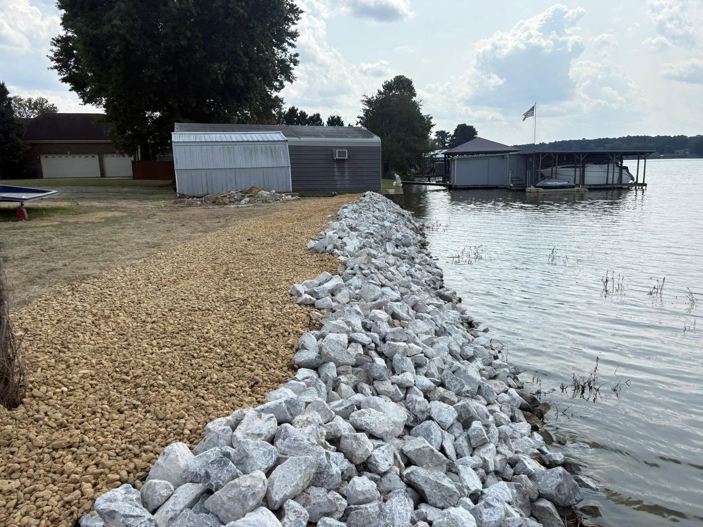 New rip-rap rock wall protecting a lake shoreline